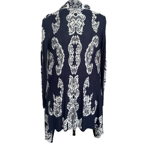 Allie & Rob blue white chinoiserie draped open front long sleeve cardigan Sz: M - Picture 3 of 8